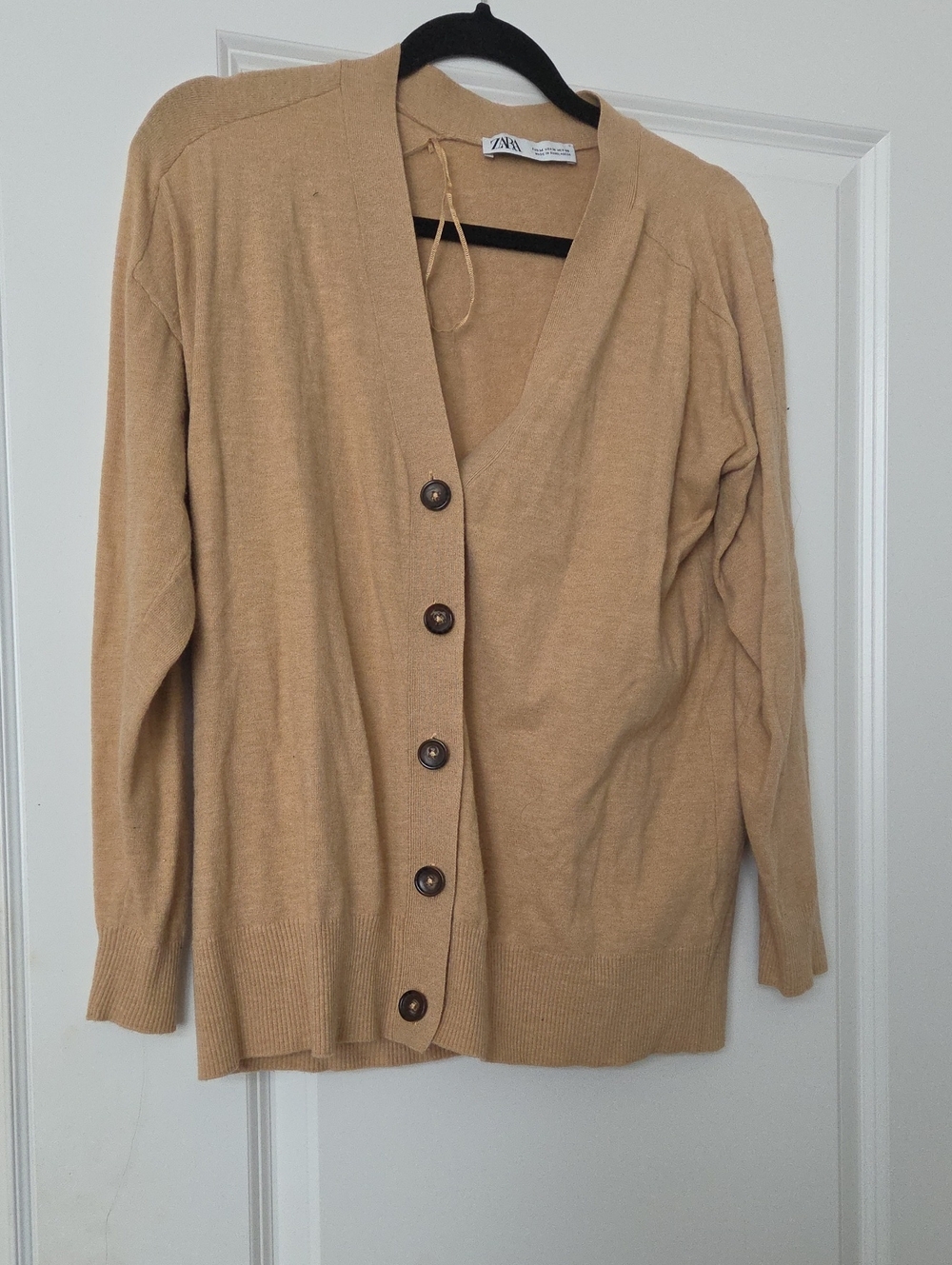 Zara Light Camel V-Neck Button-Front Cardigan Wool